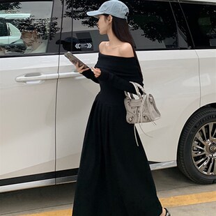 一字肩长袖连衣裙女秋冬大码胖mm法式高级感御姐风收腰显瘦长裙子