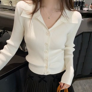 白色翻领针织衫女外搭2024秋冬新款薄款毛衣长袖打底早秋polo上衣