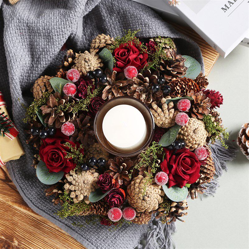森系复古松果花环蜡烛台圣诞节装饰品摆件浪漫烛光晚餐桌面蜡烛杯