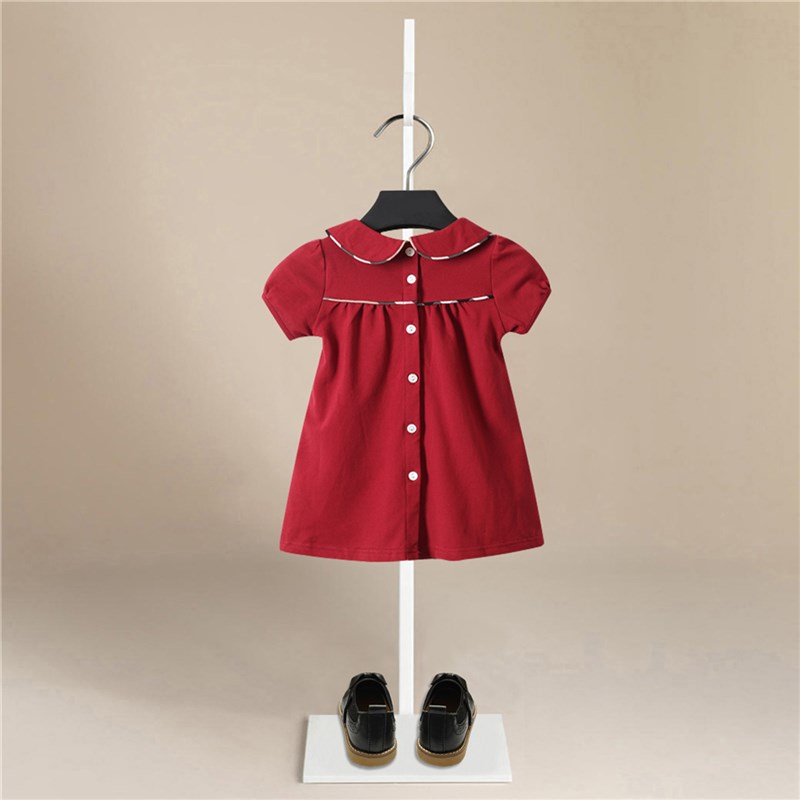 高品质女童纯棉红色短袖连衣裙夏装宝宝翻领公主裙儿童喜庆生日裙