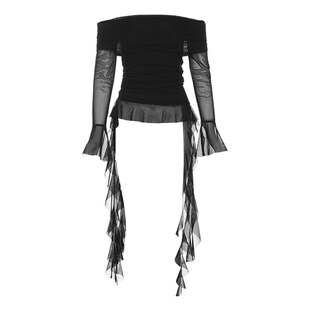 怪诞女孩 泰酷辣气质黑色网纱一字肩长袖T恤女荷叶边飘带拼接上衣