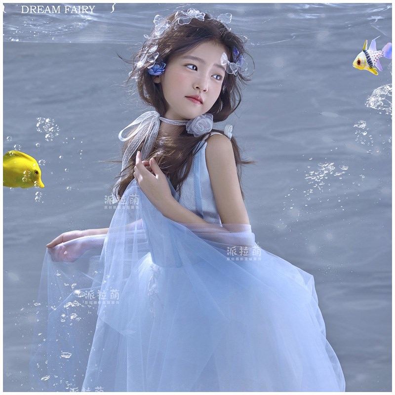 儿童摄影服装女童拍照蓝色连衣裙公主风仙女风海底纱裙影楼艺术照