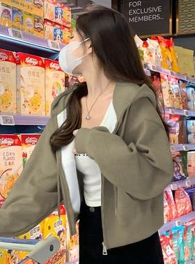 黑色短款小个子加绒外套卫衣女秋冬季2024新款开衫拉链短款上衣服