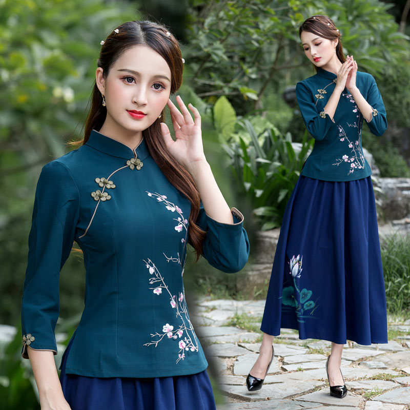 2021春夏季新款改良旗袍唐装套装中式复古修身短款旗袍上衣妈妈装