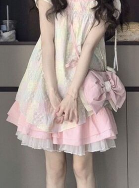 大码女装胖妹妹夏季新款宽松显瘦蓝紫拼接吊带裙娃娃领衬衫两件套