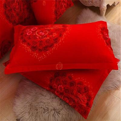 网红枕套一对装单人棉情侣枕头套韩式简约大红色结婚用