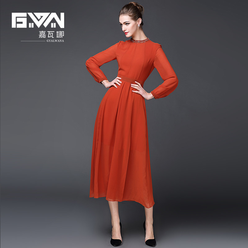 2022秋季新款长袖雪纺打底连衣裙女时尚橘红色开叉a字裙中长款,女装/女士精品,连衣裙,淘宝优惠券,粉丝福利购,淘宝优惠卷