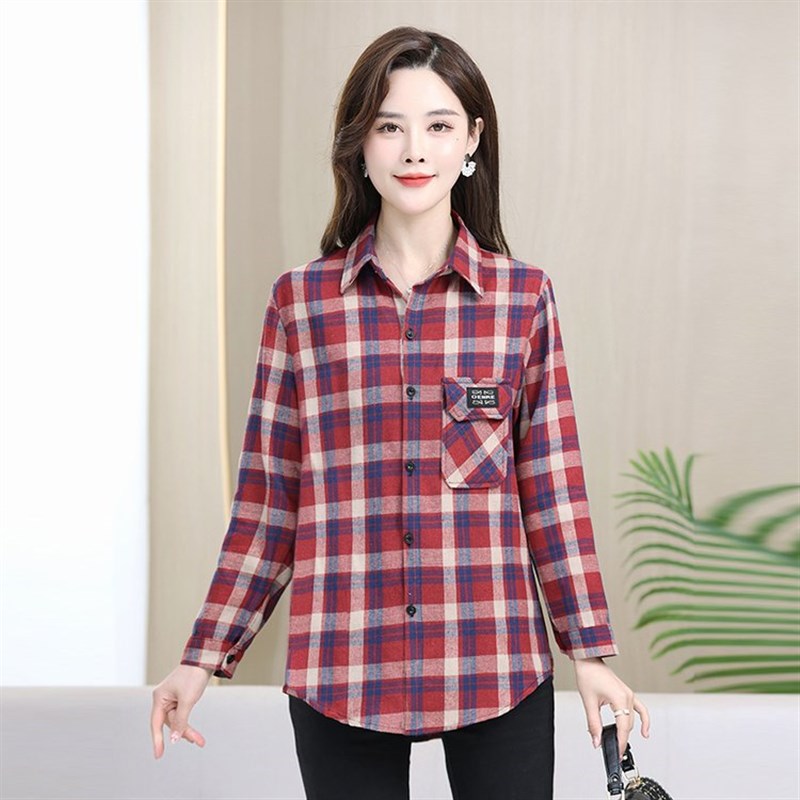 2023新款中老年女装大码宽松格子衬衫40妈妈高档气质薄款棉衬衣潮