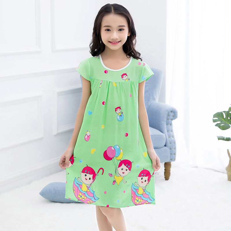 夏季女童睡裙棉绸短袖儿童睡衣女孩绵绸家居服公主裙3-5-7-9岁薄