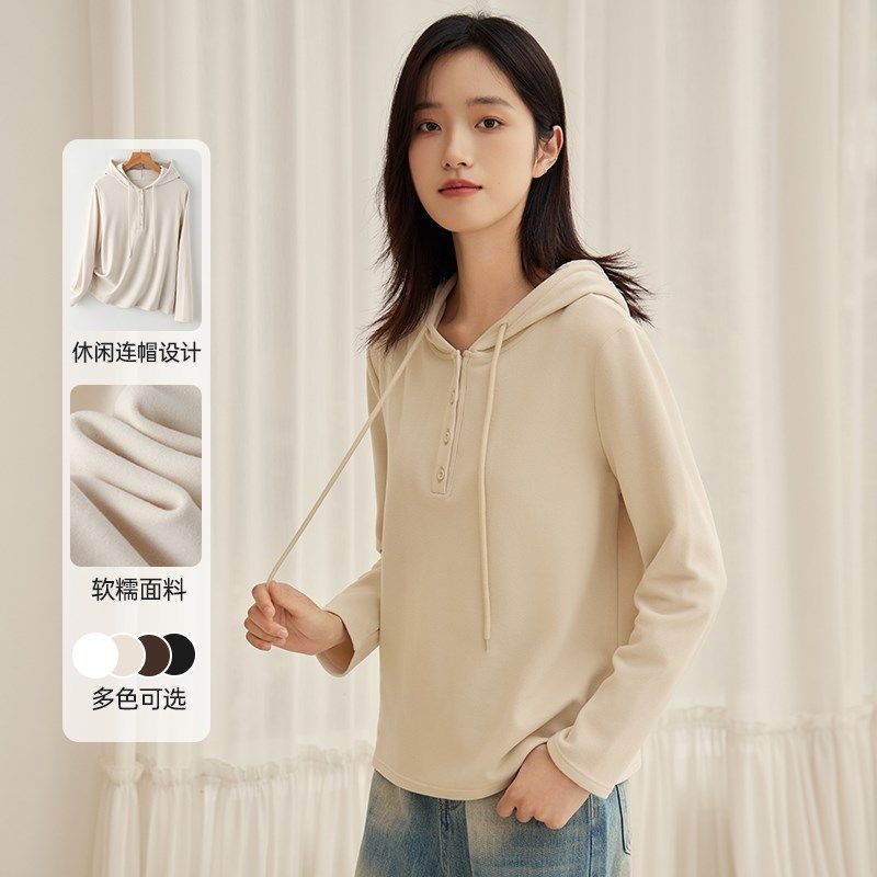 德绒打底衫女秋冬内搭双面磨毛加绒保暖上衣外穿白色连帽长袖卫衣