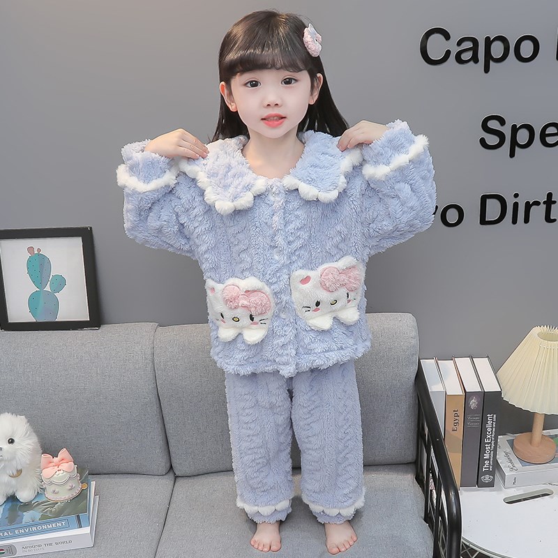 女童法兰绒睡衣秋冬2024新款儿童卡通珊瑚绒家居服套装女宝宝冬装