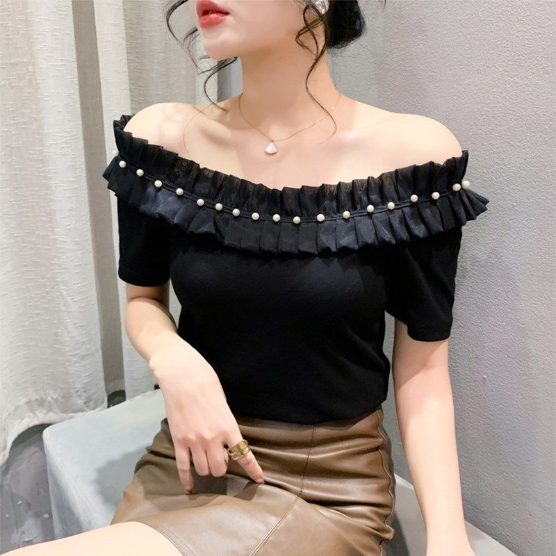 设计感一字领短袖性感露肩拼接钉珠气质上衣女修身百塔T恤打底衫,女装/女士精品,T恤,淘宝优惠券,粉丝福利购,淘宝优惠卷