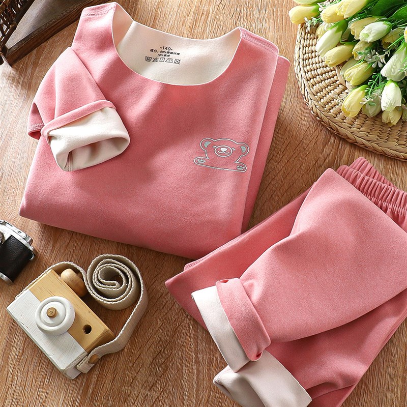 秋冬季儿童德绒发热衣裤宝宝婴儿AB面无骨家居服男女童秋衣裤