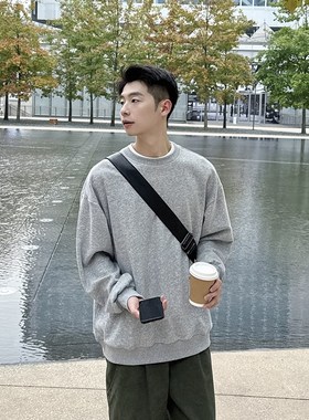 420g重磅灰色基础圆领卫衣男生2024秋季男款套头外套长袖内搭宽松