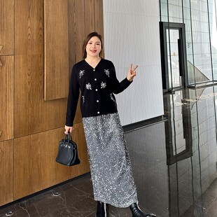 洋气直筒亮片裙大码女装2024秋冬新款胖mm高腰显瘦百搭中长半身裙