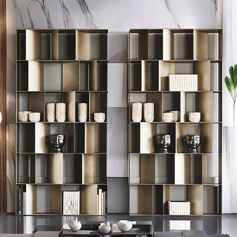 意式极简书架落地轻奢金属展示架实心钢板柜多层别墅书柜设计师款