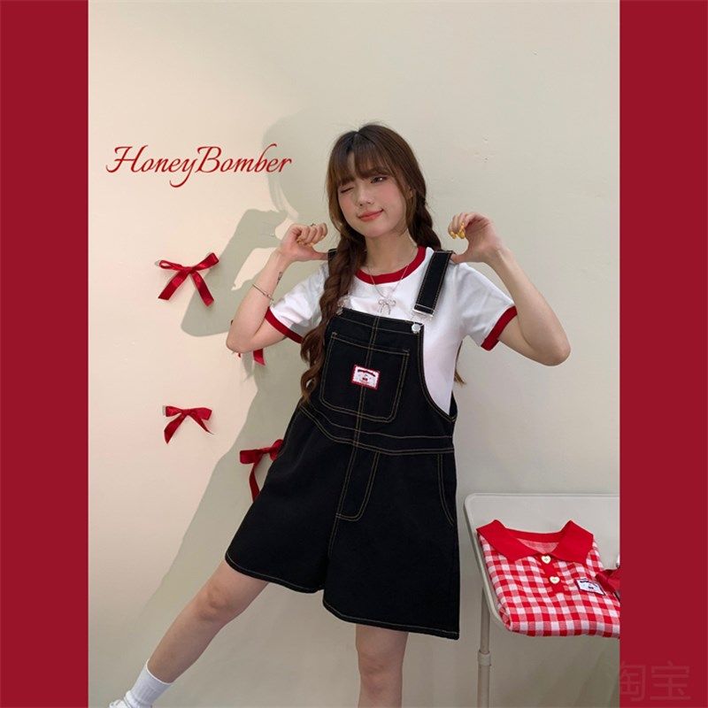 甜酷樱桃显瘦黑色波点盐系背带裤女夏季宽松复古阔腿牛仔裤子短裤,女装/女士精品,牛仔裤,淘宝优惠券,粉丝福利购,淘宝优惠卷