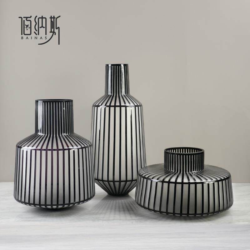 北欧极简欧式黑色条纹三件套手工磨砂玻璃花瓶超大落地室内插花器