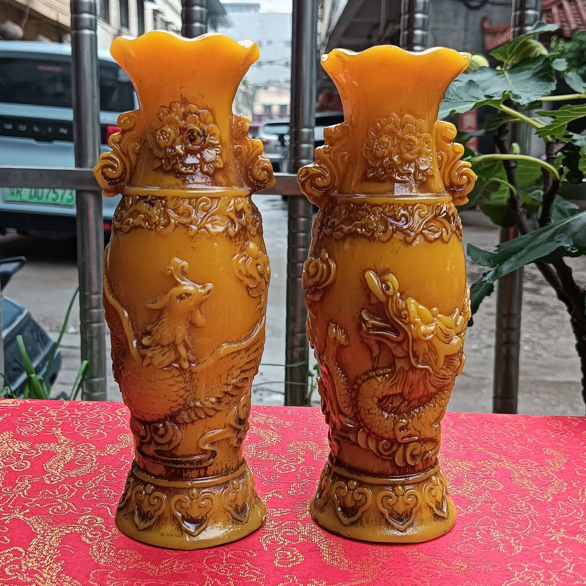 厂家批发仿古树脂龙凤花瓶摆设仿寿山石龙凤花瓶一对家居摆件