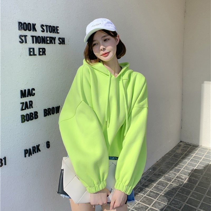 韩国2023新款春秋季小个子外套连帽短版卫衣女加绒萤光绿上衣小众