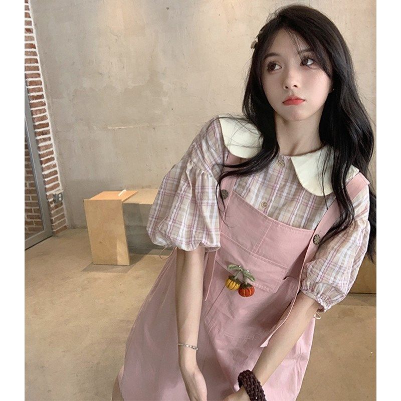 大码女装2024胖mm显瘦套装复古娃娃领格纹衬衫+设计感抽绳背带裙,女装/女士精品,大码套装,淘宝优惠券,粉丝福利购,淘宝优惠卷