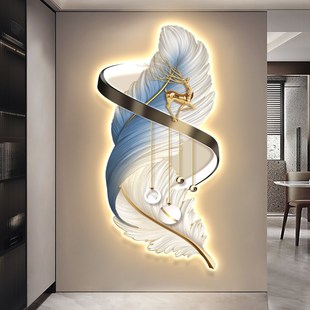 轻奢羽毛发光入户正对门玄关背景墙装饰画LED灯光画高级感壁挂画