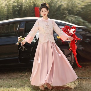 唐装 伴娘服粉色新中式 加厚保暖仙气质长袖 冬季 姐妹团礼服 2023新款