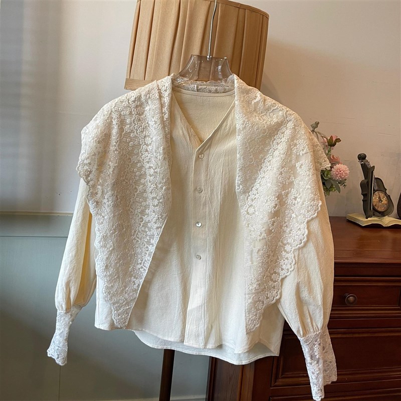 MINI老江德鲁纳法式肌理茶歇衬衫&蕾丝三角巾蕾丝袖2024款上衣