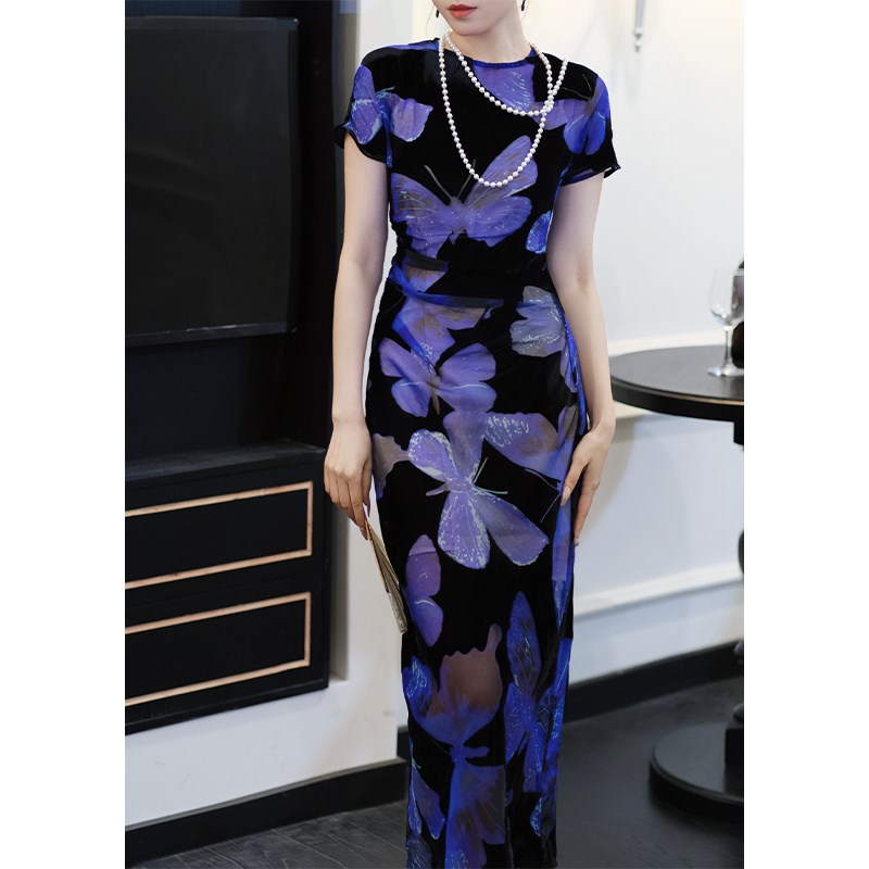 鹿与玫瑰新中式女装蓝色蝴蝶修身连衣裙高级气质法式复古裙子夏季