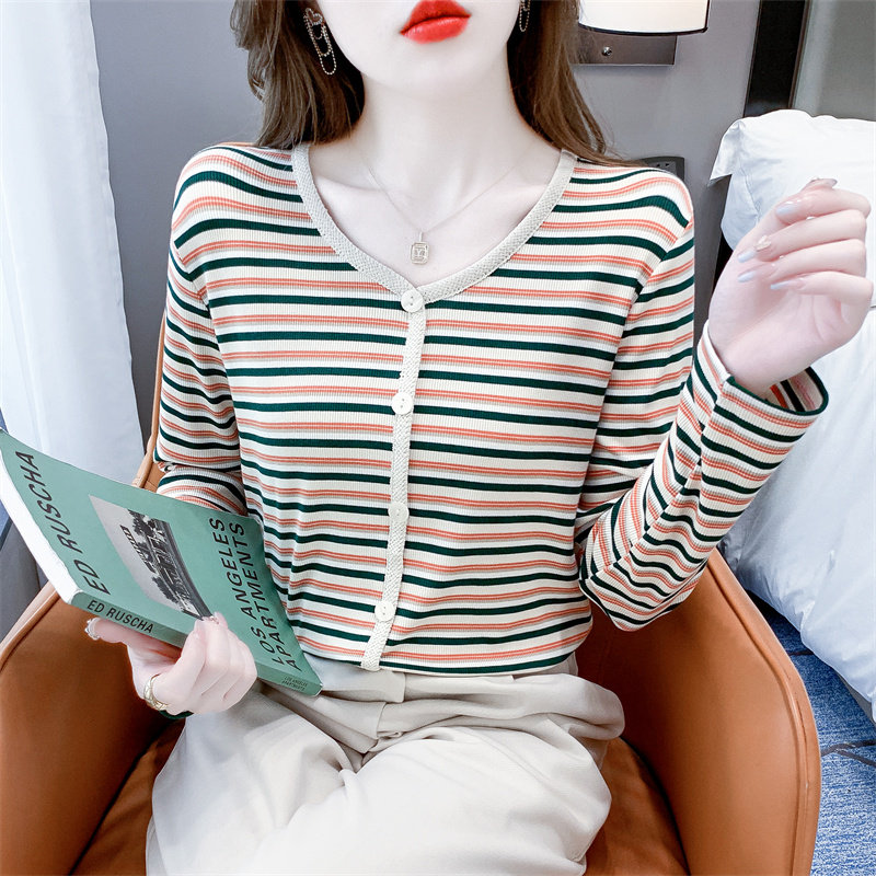 纯棉V领条纹打底衫女春秋新款内搭修身显瘦百搭长袖t恤女上衣外穿