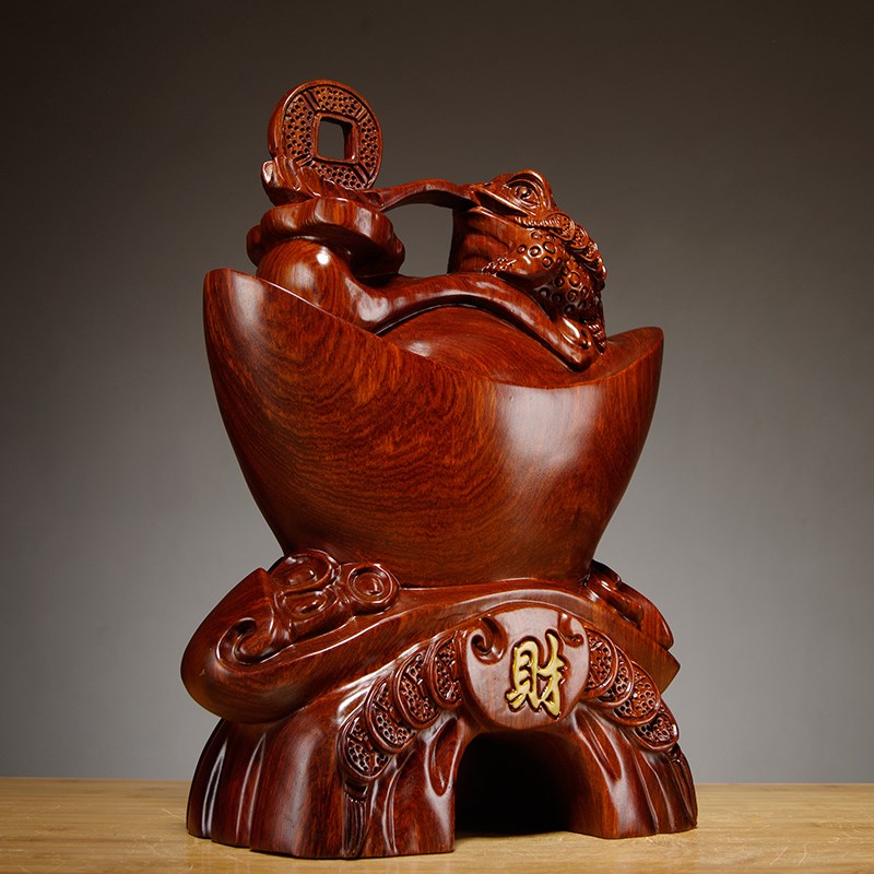 花梨木质雕刻元宝金蟾摆件三足献宝蟾蜍家居公司装饰店铺开业送礼
