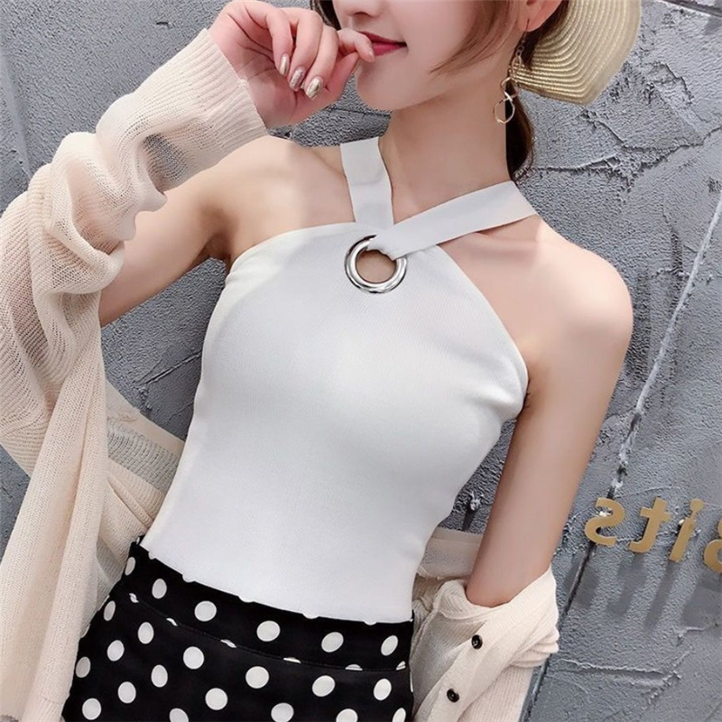 大码女装弹力修身美背打底针织背心胖妹妹挂脖露肩性感小吊带上衣