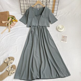 设计感高腰显瘦褶皱中长款吊带连衣裙+短款西装开衫两件套女夏季