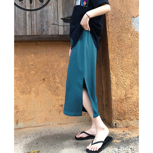 2021夏季新款直筒雪纺黑色包臀裙高腰A字裙侧开叉半身裙中长款女