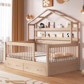 榉木儿童床家用儿童房单人床带护栏小床男孩女孩公主床加高树屋床