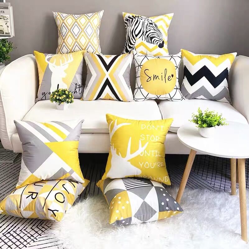 黄色北欧靠垫灰色沙发抱枕样板房靠枕客厅沙发几何暖黄色飘窗靠垫