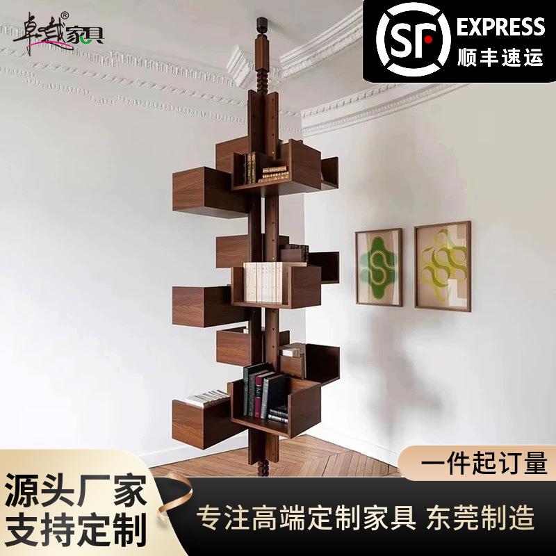 意大利旋转书架高级感豪宅别墅转角置物架设计师落地胡桃木展示架