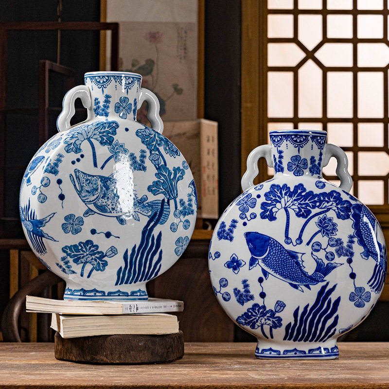 青花“鱼藻纹”系列新中式花瓶青花瓷双耳花瓶玄关陶瓷摆件可水培