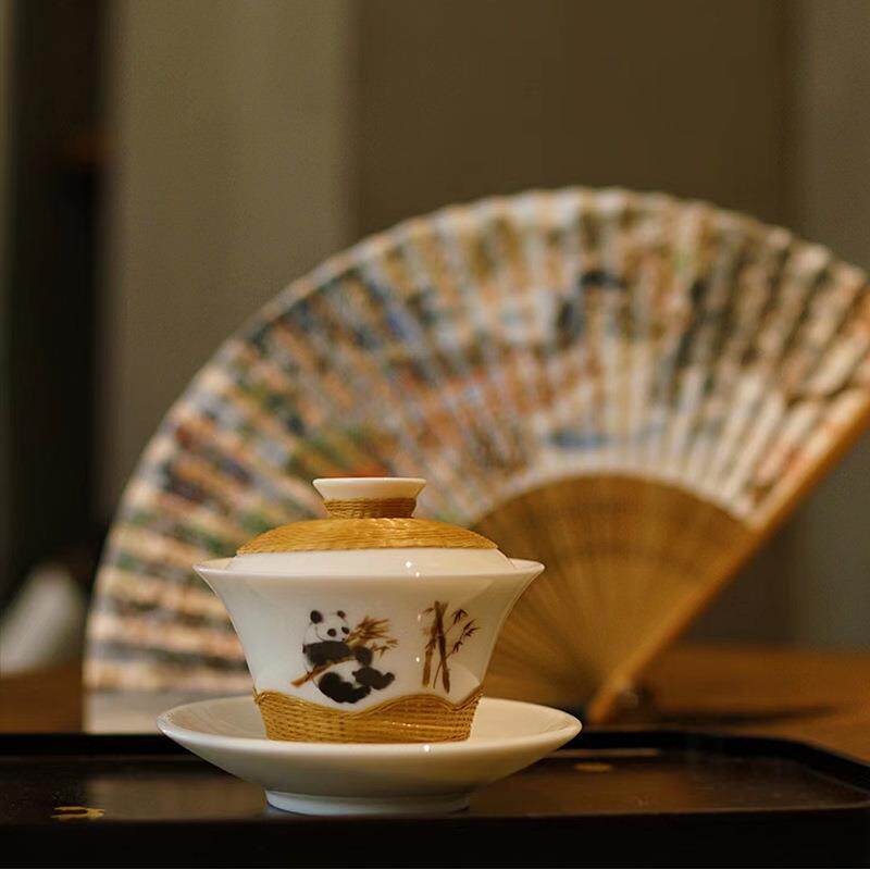 瓷胎手工原色竹丝扣瓷竹编熊猫抱竹盖碗茶具手工艺瓷胎竹编盖碗