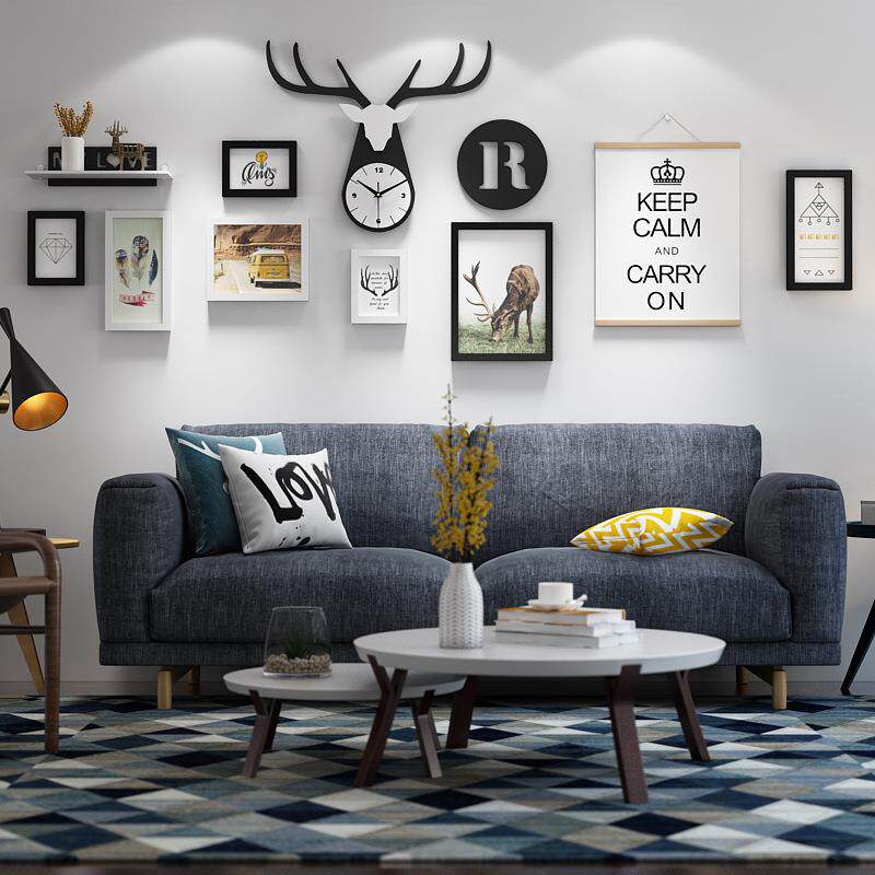 实木_7594北欧实木照片墙大鹿角组合相框现代挂画可换相片真钟表