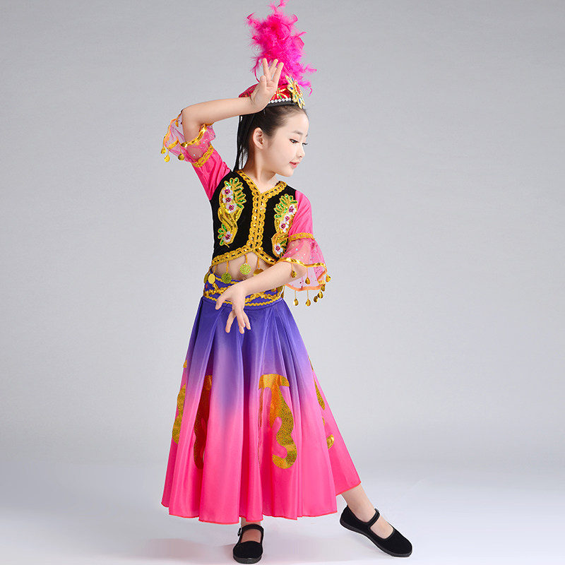 六一新疆舞蹈演出服儿童大摆裙维吾尔族石榴红了维族女童表演服装