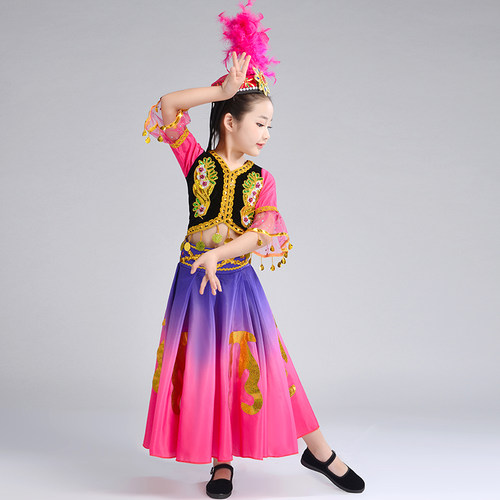 六一新疆舞蹈演出服儿童大摆裙维吾尔族石榴红了维族女童表演服装
