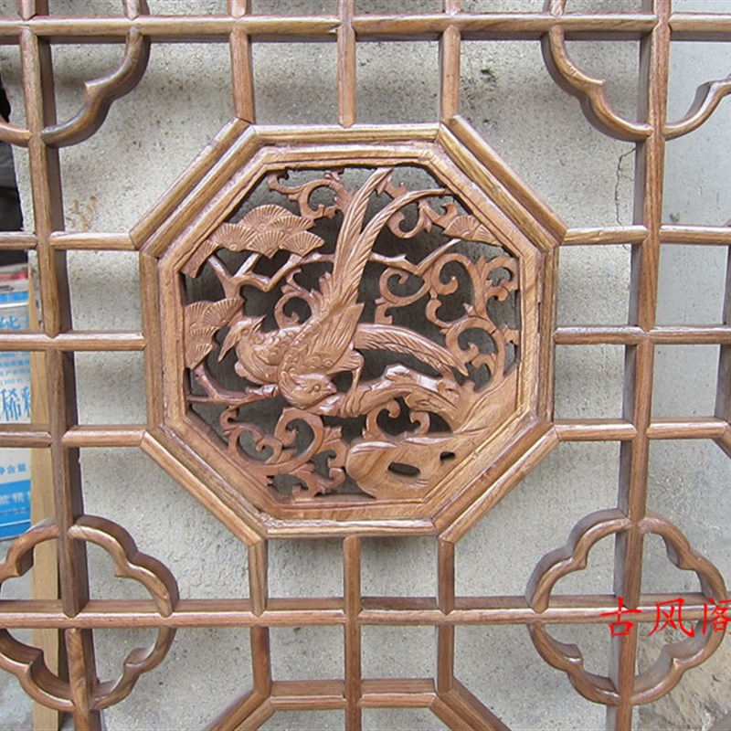 仿古门窗 中式实木木雕 海棠花八角窗 挂件工艺品