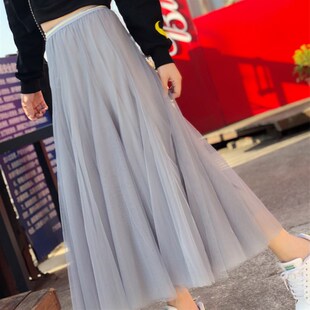 2021秋冬纱裙女半身裙长款到脚踝百褶网纱长裙白色裙子冬天配毛衣
