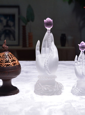 琉璃工艺品佛手莲花一心一意中式办公室玄关茶桌水晶佛系禅意摆件
