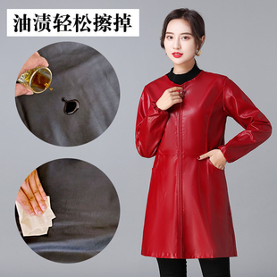 秋季女罩衣大人防水防油厨房长袖工作服围裙羽绒服护衣中长款外套