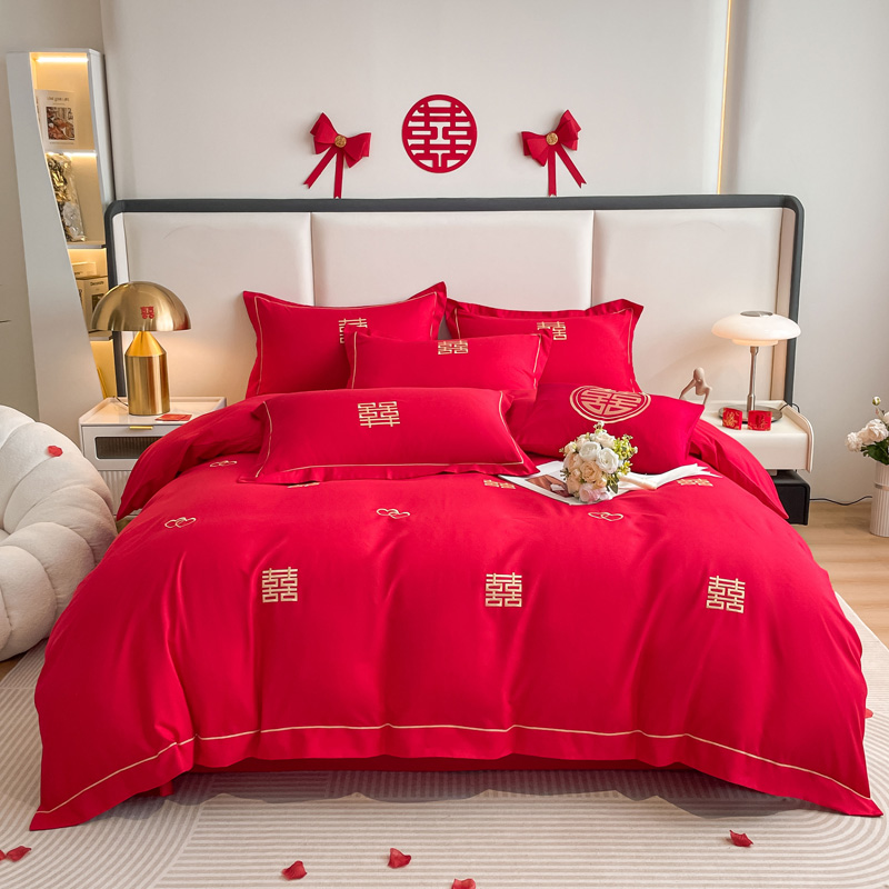 高档新中式结婚四件套简约喜字被套床单女方陪嫁婚庆床上用品床笠