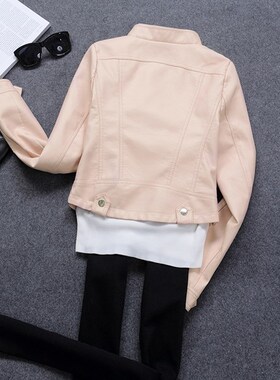 机车皮夹克PU短款外套百搭修身显瘦2024春秋新款皮衣白色粉色