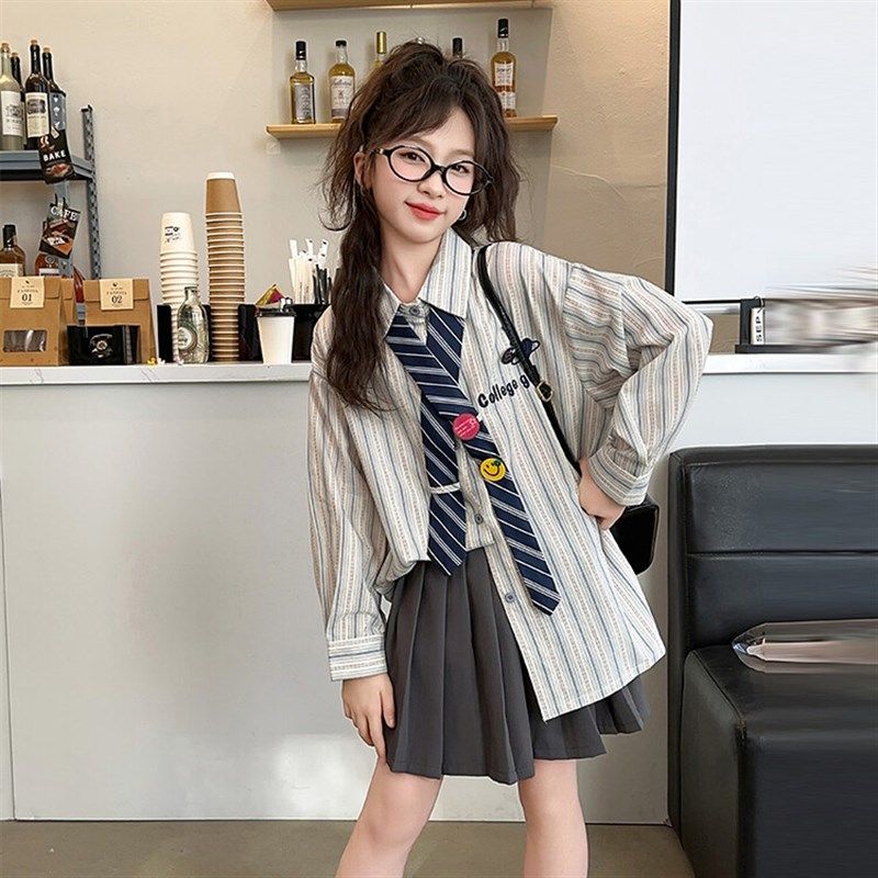 女童秋季长袖条纹衬衫JK套装2024新款儿童短裙两件套女大童百褶裙