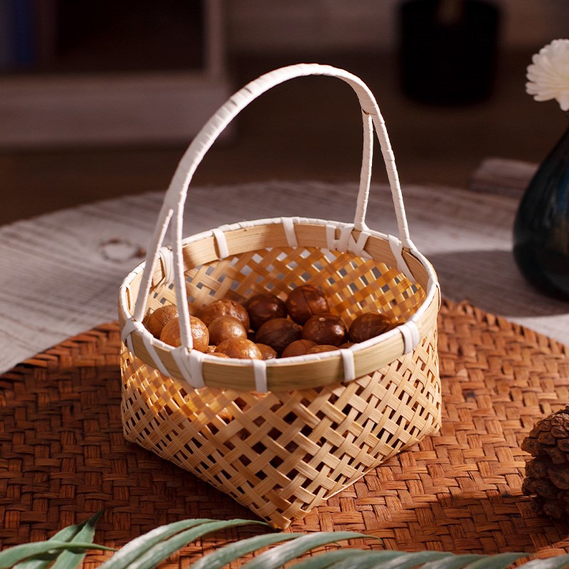 手工竹编点心篮手提篮竹篮子迷你小竹篮水果盘家用圆形田园竹制品